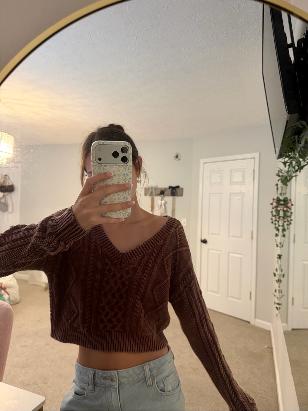 Aeropostale Brown V-Neck Cable Knit Cropped Sweater
